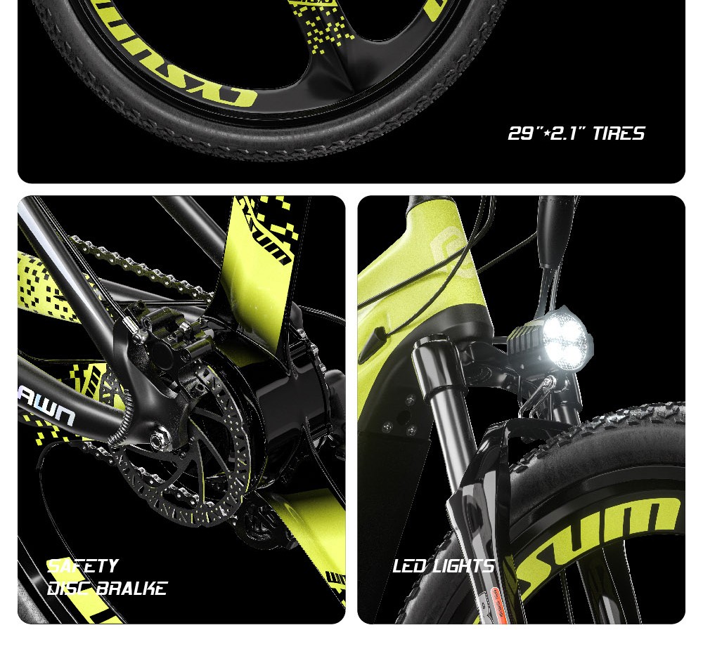 CYSUM CM520 Electric Mountain Bike 29*2.1 Inch Chaoyan Tire 500W Brushless Motor 35-40Km/h Max Speed 48V 14Ah LG Removable Battery Shimano 7 Speed 50-70KM Range Dual Disc Brakes - Green