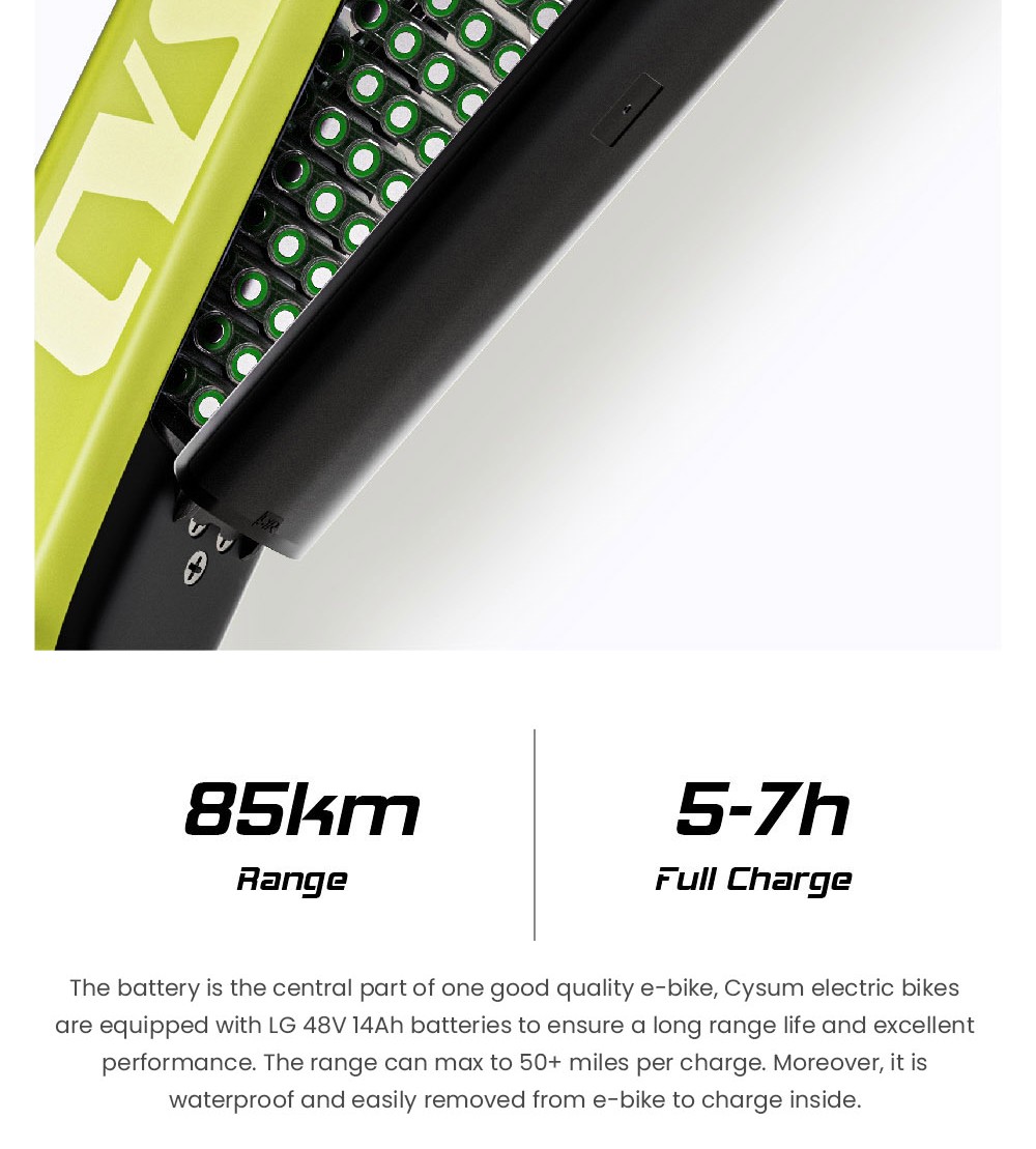 CYSUM CM520 Electric Mountain Bike 29*2.1 Inch Chaoyan Tire 500W Brushless Motor 35-40Km/h Max Speed 48V 14Ah LG Removable Battery Shimano 7 Speed 50-70KM Range Dual Disc Brakes - Green