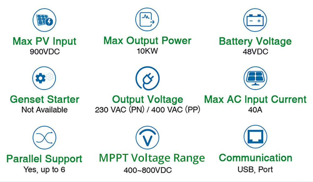 EASUN POWER IGrid TT 10KW 3 Phase Hybrid Solar Inverter, 15KW Max PV Array, 900V Max PV Input, 40A Max AC Input Current, 48V Battery Voltage, Parallel Support