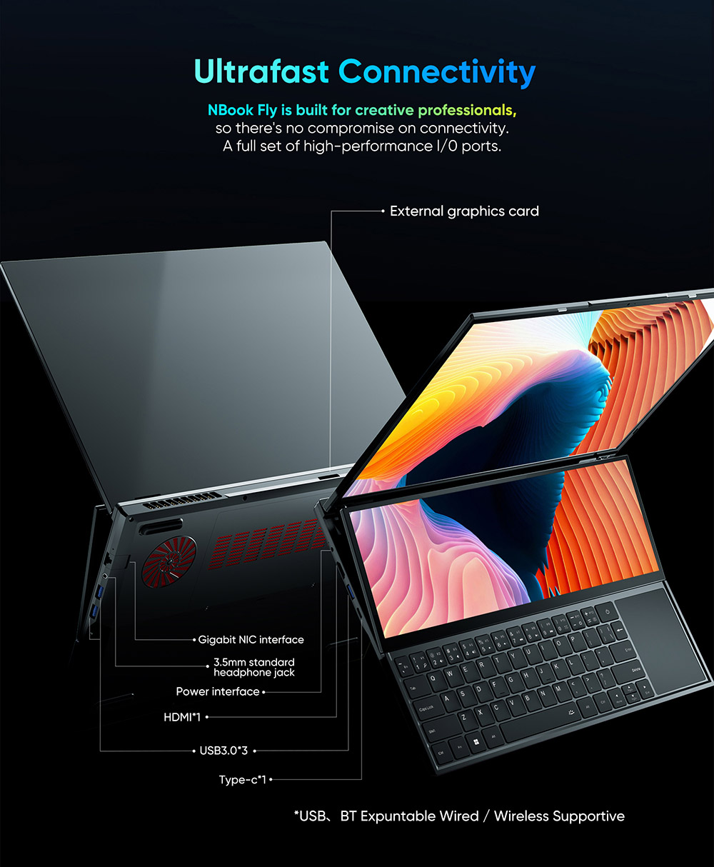 N-one NBook Fly Laptop, 16'' + 14'' Dual-IPS-Bildschirm, Intel Core i7-10850H 6 Kerne bis zu 5,0 GHz, 16 GB RAM 1 TB SSD, Dualband-WLAN Bluetooth 4.2, 1 * USB-C 3 * USB3.0 1 * HDMI 1 * RJ45 1 * Kopfh&ouml;reranschluss, 1 MP Kamera, Tastatur mit Hintergrundbeleuchtung, 51 WH Akku