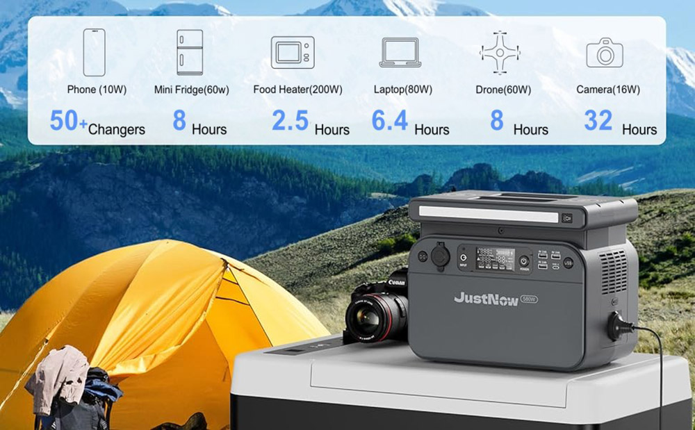 JustNow 580W Portable Power Station, 518Wh LiFePO4 Battery, with AC/Car Port/USB Output, LCD Display, Dual 15W Wireless Charging, 3500+ Circles, Gray