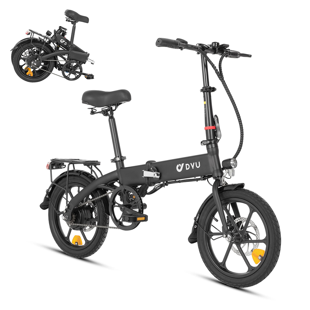 DYU A1F Pro skladací elektrický bicykel, 250W motor, 36V 7,5Ah batéria, 16*1.75-palcové pneumatiky, max. rýchlosť 25 km/h, max. dojazd 40 km, predné a zadné kotúčové brzdy, LCD displej
