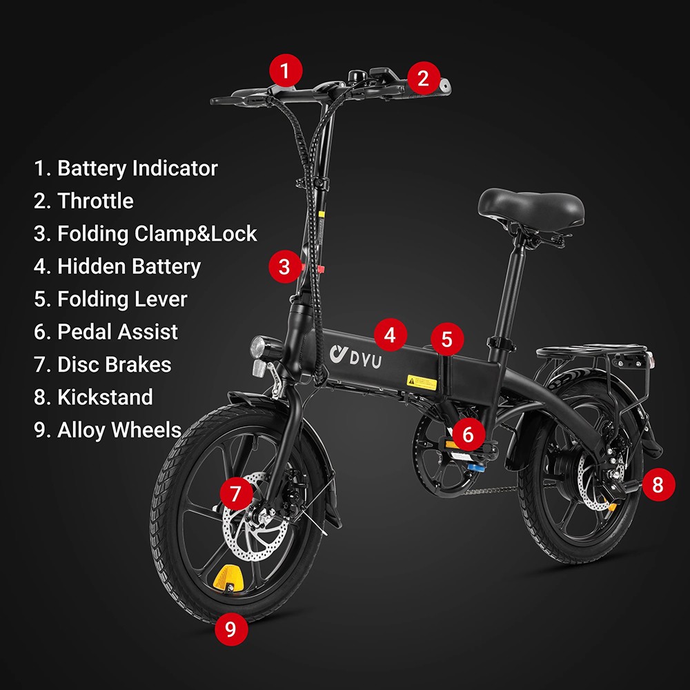 Skladací elektrický bicykel DYU A1F Pro, 250W motor, 36V 7.5Ah batéria, 16*1.75-palcové pneumatiky, max. rýchlosť 25 km/h, max. dojazd 40 km, predné a zadné kotúčové brzdy, LCD displej