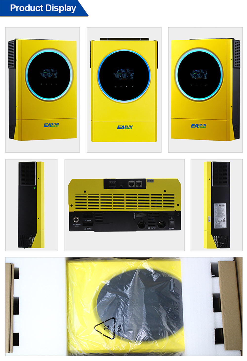 EASUN POWER IGrid SV IV 5.6KW Hybrid Solar Inverter, 48V Battery Voltage, Max 6000W PV Array Power, 120A Charge Current, Pure Sine Wave, Parallel Support, Touch Screen Display, Built-in WiFi, Yellow