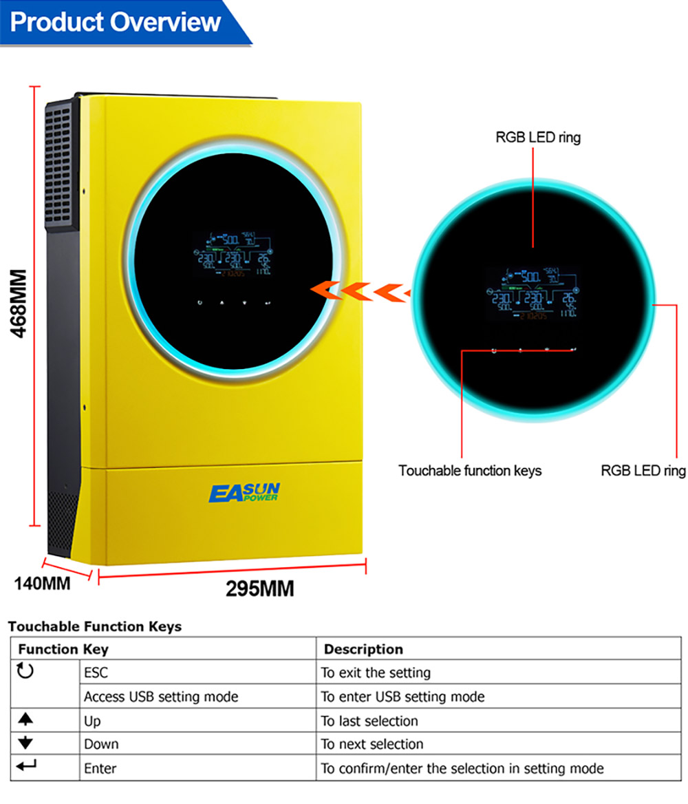 EASUN POWER IGrid SV IV 5.6KW Hybrid Solar Inverter, 48V Battery Voltage, Max 6000W PV Array Power, 120A Charge Current, Pure Sine Wave, Parallel Support, Touch Screen Display, Built-in WiFi, Yellow
