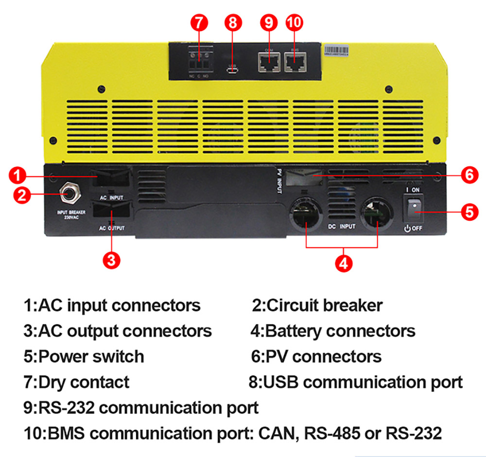 EASUN POWER IGrid SV IV 5.6KW Hybrid Solar Inverter, 48V Battery Voltage, Max 6000W PV Array Power, 120A Charge Current, Pure Sine Wave, Parallel Support, Touch Screen Display, Built-in WiFi, Yellow