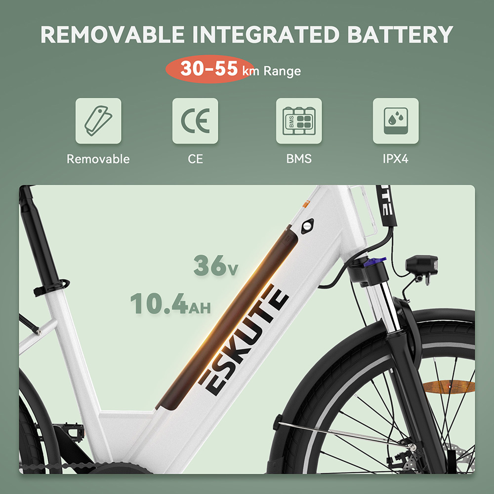 ESKUTE C100 Electric Bike, 250W motor, 36V 10,4Ah batéria, 26*1.75' pneumatiky, max. rýchlosť 25 km/h, dojazd 50-60 km, mechanické kotúčové brzdy, 7 rýchlostí SHIMANO - biely