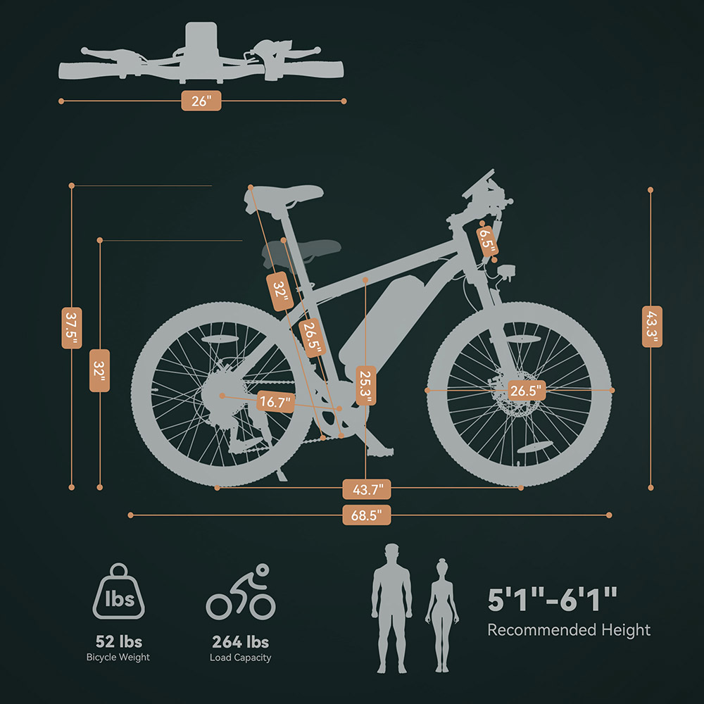 ESKUTE M100 Electric Bike, 250W Brushless Motor, 36V 10.4Ah vymeniteľná batéria, 27,5*1.95" pneumatiky, max. rýchlosť 25 km/h, dojazd 50-60 km, kotúčové brzdy, 7-rýchlostný prevod SHIMANO, predné odpruženie