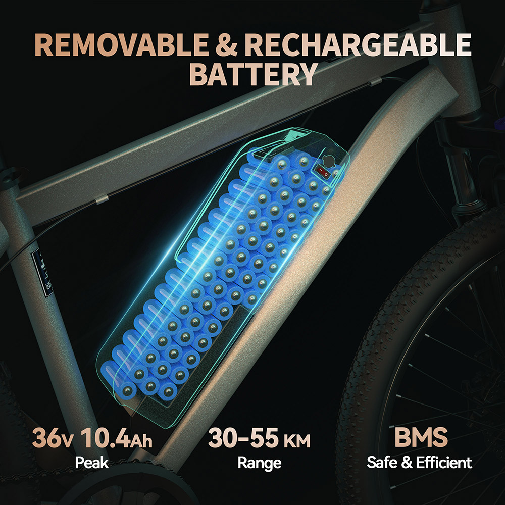 ESKUTE M100 Electric Bike, 250W Brushless Motor, 36V 10.4Ah Removable Battery, 27.5*1.95" pneumatiky, max. rýchlosť 25 km/h, dojazd 50-60 km, kotúčové brzdy, 7-rýchlostný prevod SHIMANO, predné odpruženie