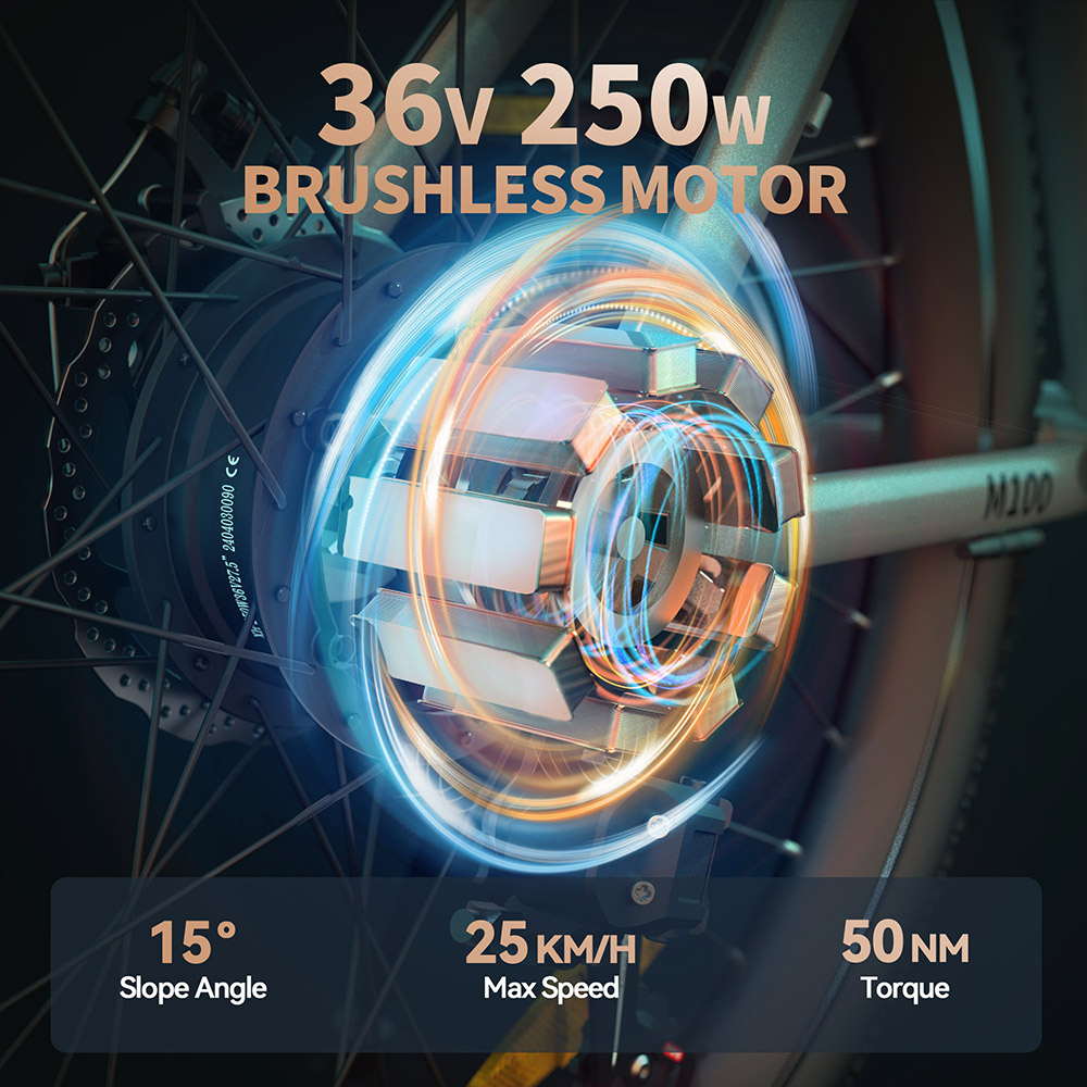 Elektrobicykel ESKUTE M100, 250W bezkefový motor, 36V 10,4Ah odnímateľná batéria, 27,5*1.95" pneumatiky, max. rýchlosť 25 km/h, dojazd 50-60 km, kotúčové brzdy, 7-rýchlostný prevod SHIMANO, predné odpruženie