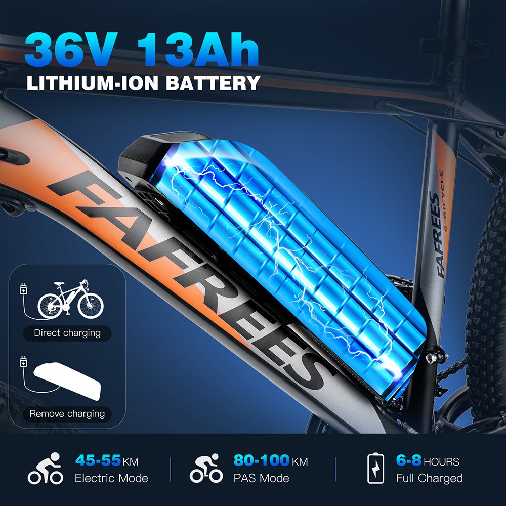 Fafrees Hailong One Electric Bike, 250W Motor, 36V/13Ah Battery, 26*2.1-palcové pneumatiky CST, max. rýchlosť 25 km/h, max. dojazd 100 km, LCD displej, SHIMANO 21 rýchlostí - čierny