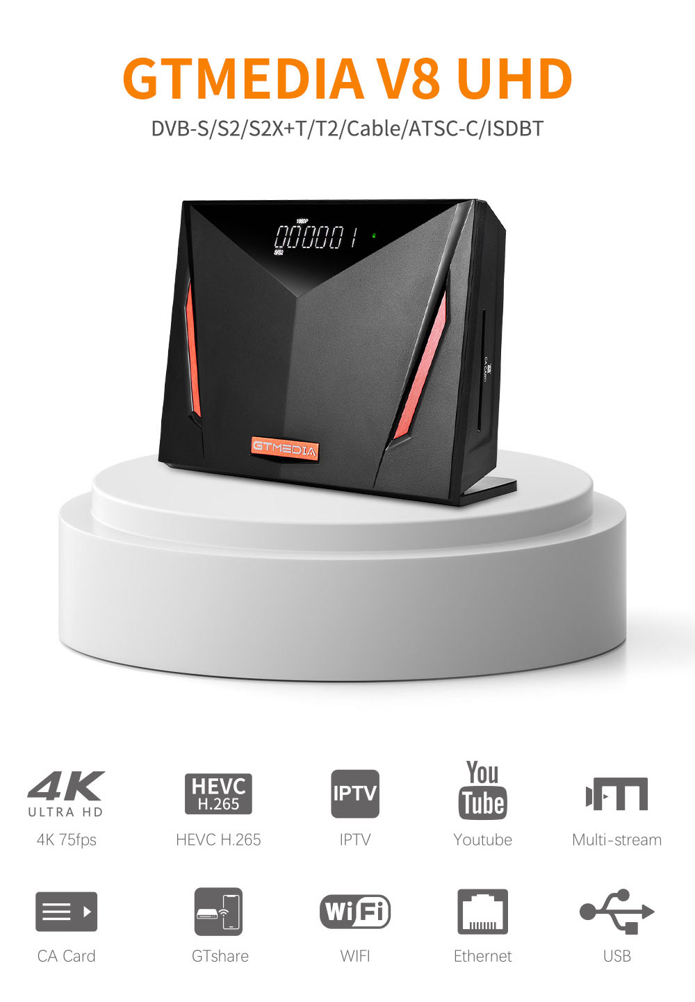 GTMEDIA V8 UHD 4K Satellite Receiver, DVB-S/S2/S2X, DVB+T/T2/ISDB-T/Cable(J83.A/C)/ATSC-C(J83.B), Built-in 2.4G WiFi, Supports CA Smart Card - EU Plug