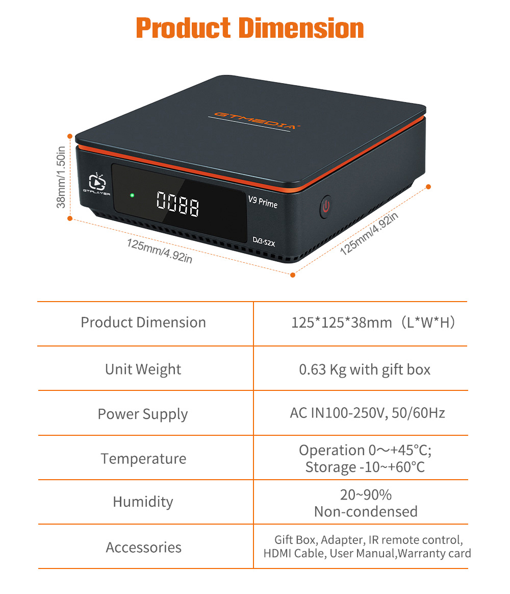 GTMEDIA V9 Prime Satellite Receiver, DVB-S/S2/S2X, HEVC 10Bit, Built-in 2.4G WiFi, Support CA Card, Biss Auto Roll - US Plug