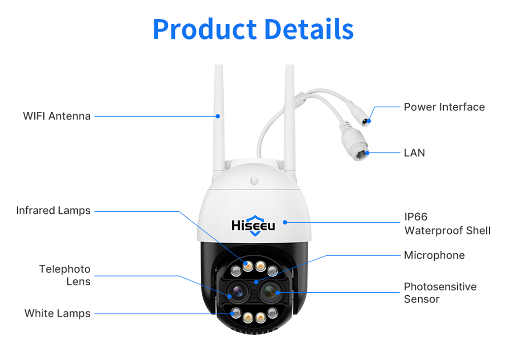 Hiseeu 4K 8MP Wireless Security Camera, Dual Lens, 8X Zoom, 2-Way Audio, Full-color Night Vision, Human Detection, Auto Tracking, Pan 355° & Tilt 90°, IP66 Waterproof