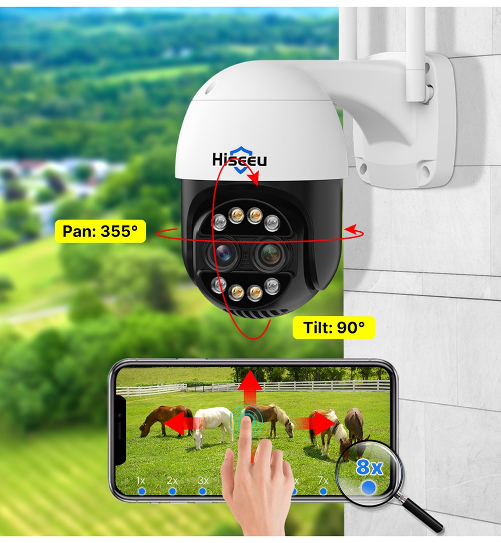 Hiseeu 4K 8MP Wireless Security Camera, Dual Lens, 8X Zoom, 2-Way Audio, Full-color Night Vision, Human Detection, Auto Tracking, Pan 355° & Tilt 90°, IP66 Waterproof