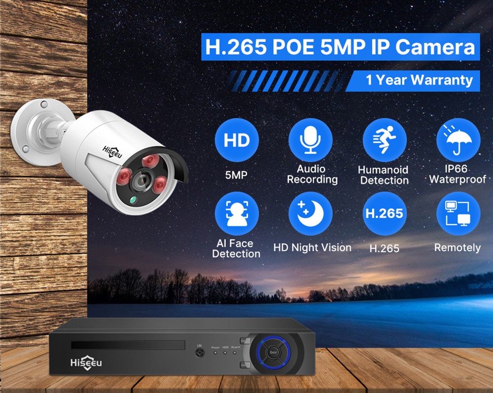 Hiseeu 5MP POE Security Camera System, 8CH H.265 Sieťový videorekordér, AI detekcia človeka, HD nočné videnie, IP66 vodotesný, bez HDD