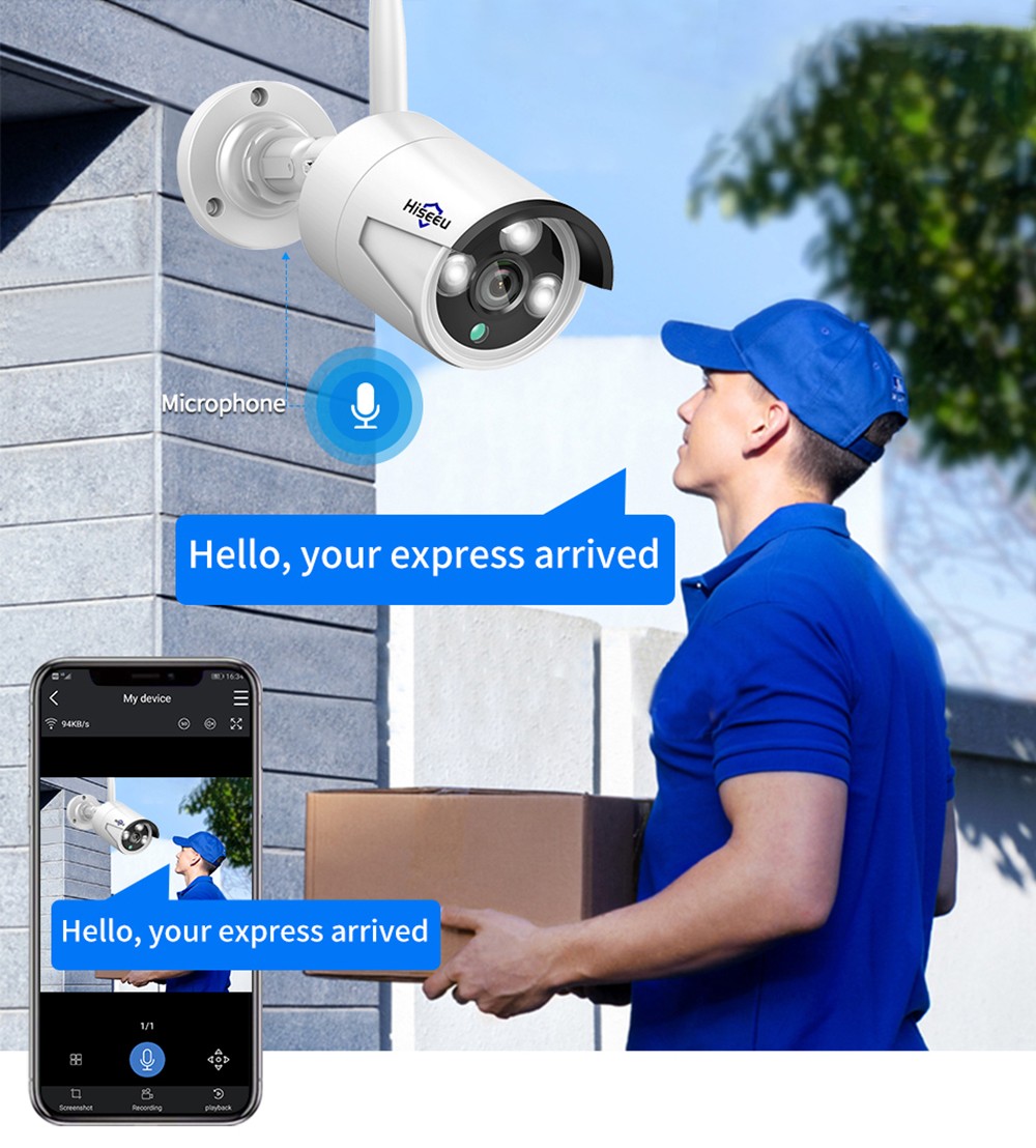 Hiseeu Bezdrôtový bezpečnostný kamerový systém s 10CH NVR, jednosmerný zvuk, 4 ks 5MP vonkajších/vnútorných WiFi monitorovacích kamier, HD video, detekcia ľudí, IR nočné videnie, IP 66 vodotesný, bez HDD