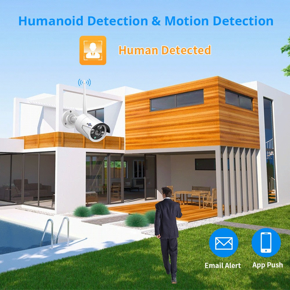 Hiseeu Wireless Security Camera System with 10CH NVR, One-Way Audio, 4Pcs 5MP Outdoor/Indoor WiFi Surveillance Cameras, HD Video, Human Detection, IR Night Vision, IP 66 Waterproof, No HDD