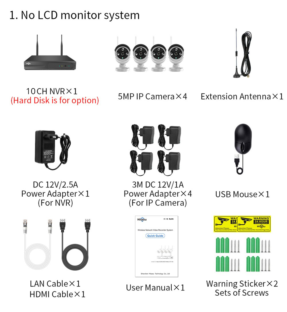 Hiseeu Wireless Security Camera System with 10CH NVR, One-Way Audio, 4Pcs 5MP Outdoor/Indoor WiFi Surveillance Cameras, HD Video, Human Detection, IR Night Vision, IP 66 Waterproof, No HDD