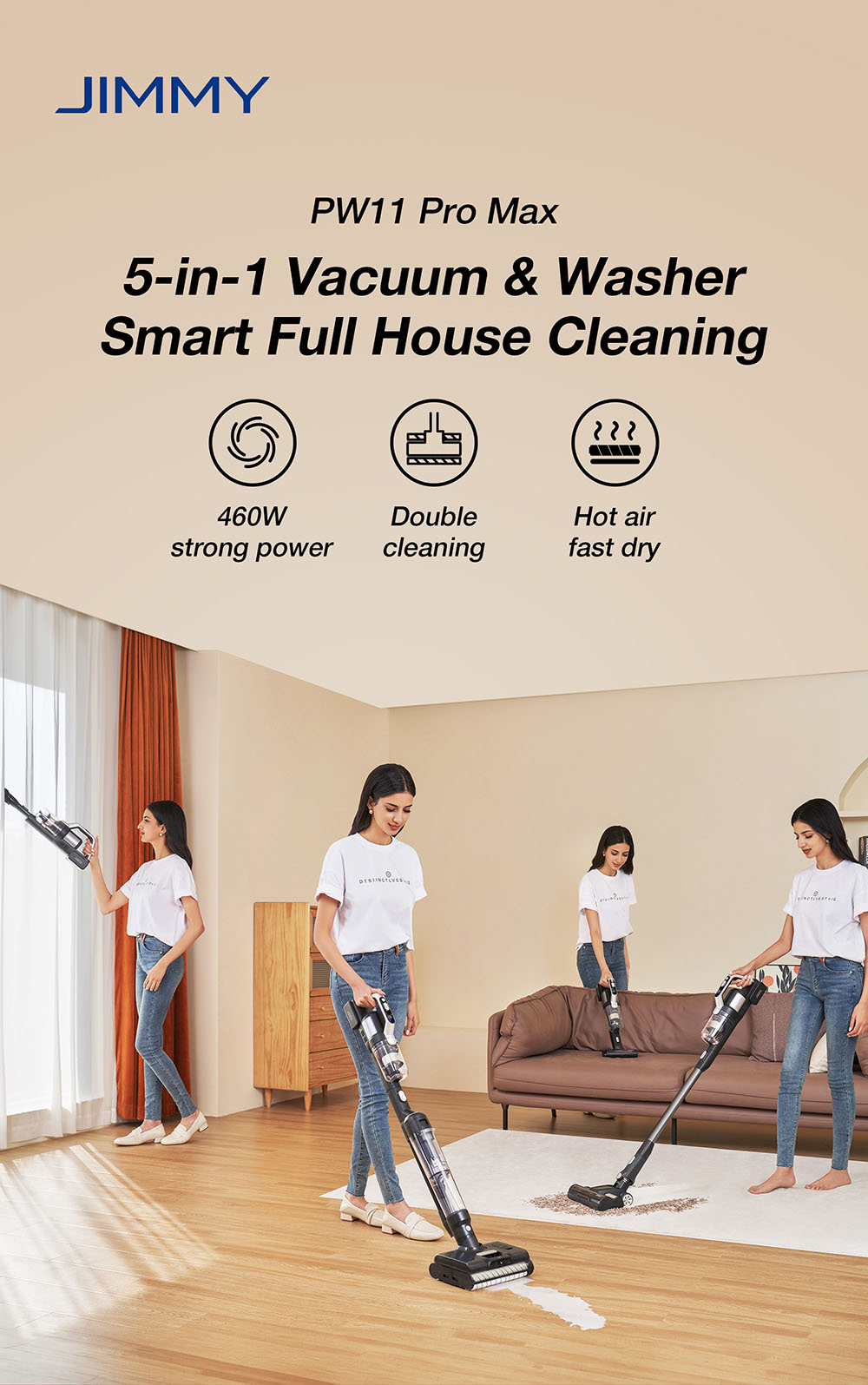 JIMMY PW11 Pro Max 5-in-1 Cordless Vacuum &; Washer, 460W Strong Power, Double Cleaning, Hot Air Fast Dry, LED Screen, 180° Lay Flat Design, Dual Roller Brushes, Silver-black Color