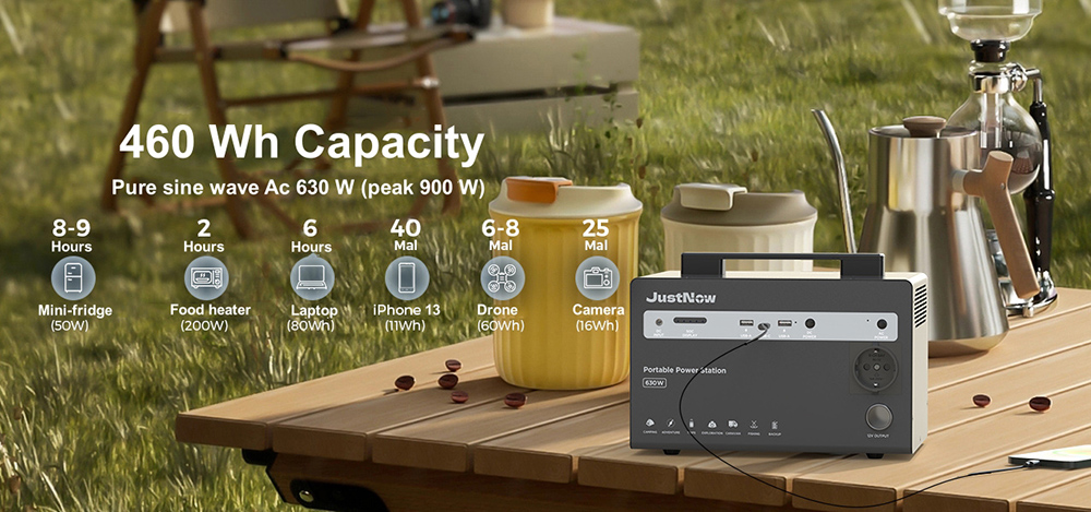 JustNow JNB600 Portable Power Station, 460Wh LiFePO4 Battery, AC 630W Peak 900W, 3500+ Cycles, 50-55dB, 3 Ways Charging