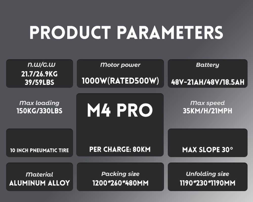 KUGOO M4 Pro Foldable Electric Scooter, 500W Motor, 48V 21Ah Battery, 10 Inch Tires, 35km/h Max Speed, 80km Max Range, Front & Rear Disc Brake