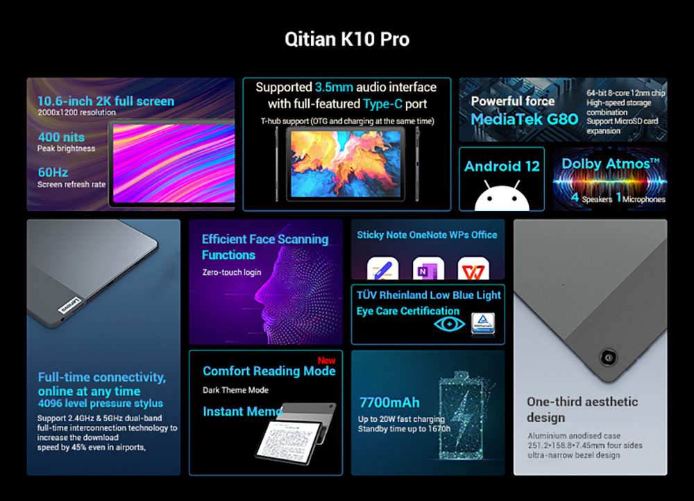 Lenovo Qitian K10 Pro Tablet, 10,6-palcová obrazovka 2000*1200, MediaTek G80 8 Core Max 1,8GHz, Android 12, 4GB RAM 128GB ROM, 7700mAh batéria, 8MP+13MP fotoaparát, 2.4GHz/5GHz Dual-band WiFi Bluetooth 5.0, Rozpoznávanie tváre