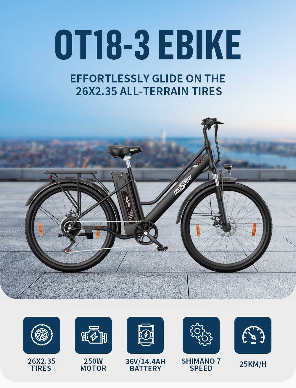 ONESPORT OT18-3 City Elektrofahrrad, 26 x 2,35 Zoll Reifen, 250 W Motor, 36 V 14,4 Ah Akku, 100 km max. Reichweite, 25 km/h max. Geschwindigkeit, Shimano 7-Gang, Scheibenbremse vorne und hinten &ndash; Schwarz