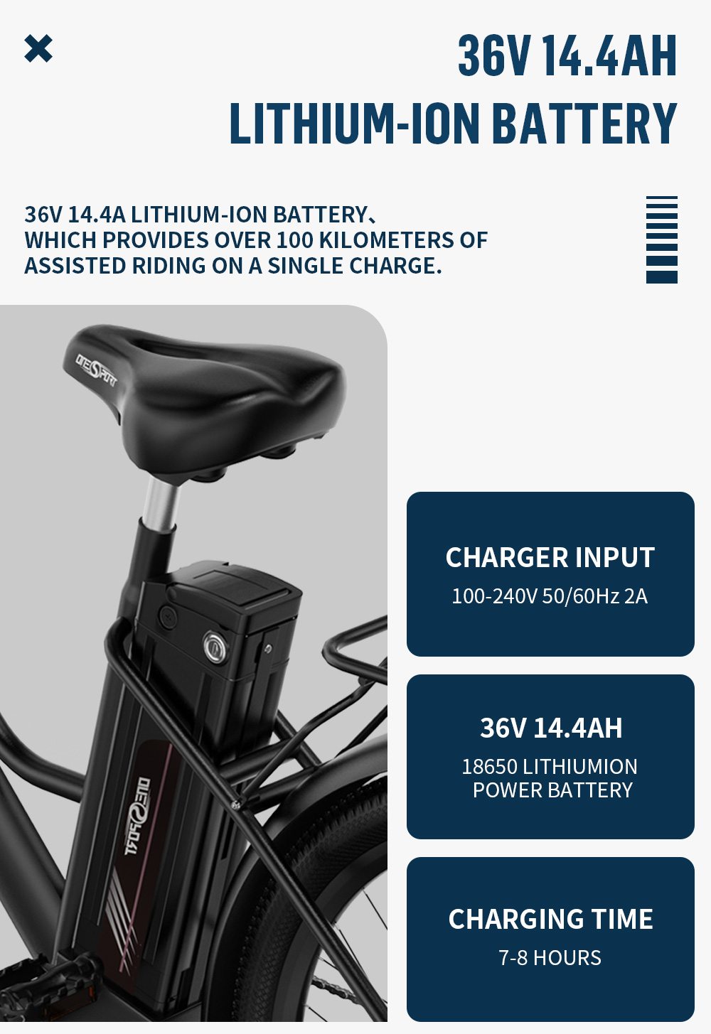 ONESPORT OT18-3 City Elektrofahrrad, 26 x 2,35 Zoll Reifen, 250 W Motor, 36 V 14,4 Ah Akku, 100 km max. Reichweite, 25 km/h max. Geschwindigkeit, Shimano 7-Gang, Scheibenbremse vorne und hinten &ndash; Schwarz