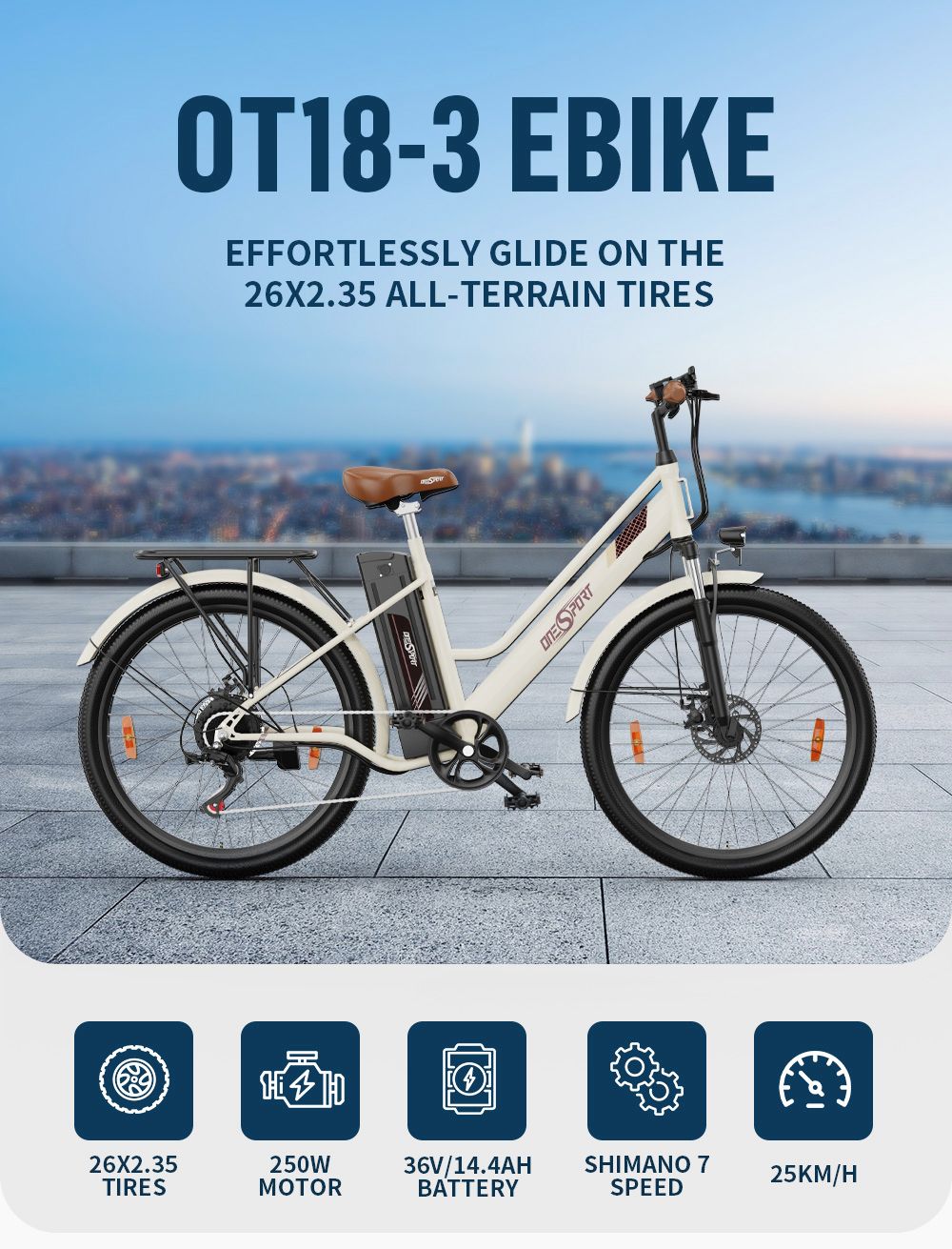 ONESPORT OT18-3 City Electric Bike, 26*2.35 palcové pneumatiky, 250W motor, 36V 14.4Ah batéria, max. dojazd 100 km, max. rýchlosť 25 km/h, 7-rýchlostná prevodovka Shimano, predné a zadné kotúčové brzdy - biela