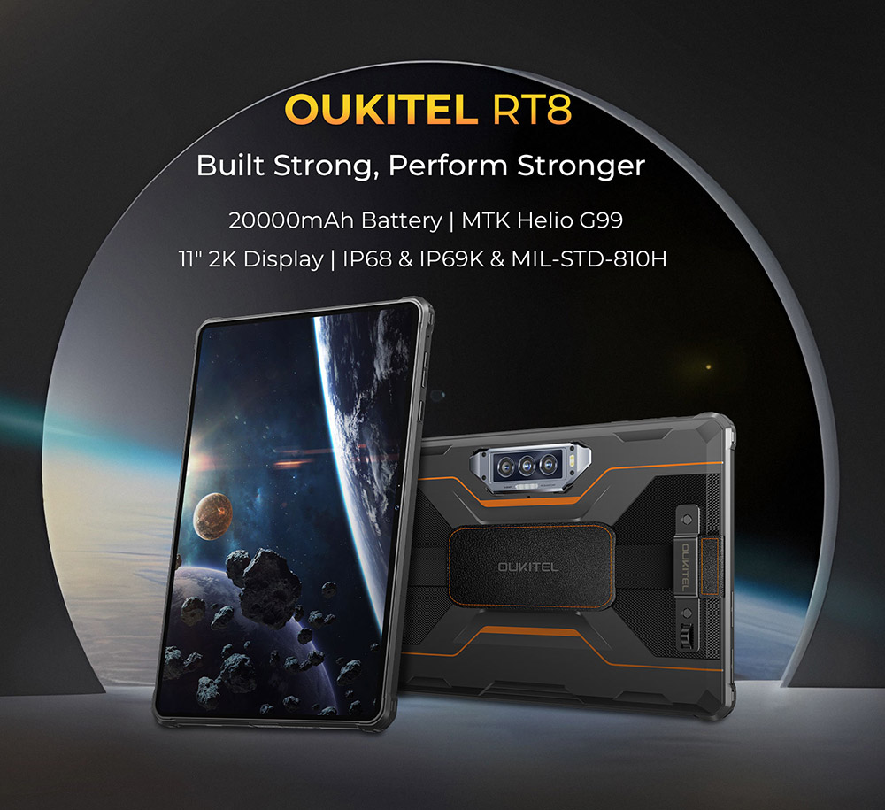 OUKITEL RT8 Rugged Tablet, 11-palcový displej 1200*1920, MediaTek Helio G99 4 Core Max 2,2 GHz, 6GB+6GB RAM 256GB ROM, Android 13, 48MP+32MP+20MP+5MP fotoaparát, 20000mAh 33W rýchle nabíjanie, Dual-band WiFi Bluetooth5.1, IP68 & IP69K & MIL-STD-810H - čierna