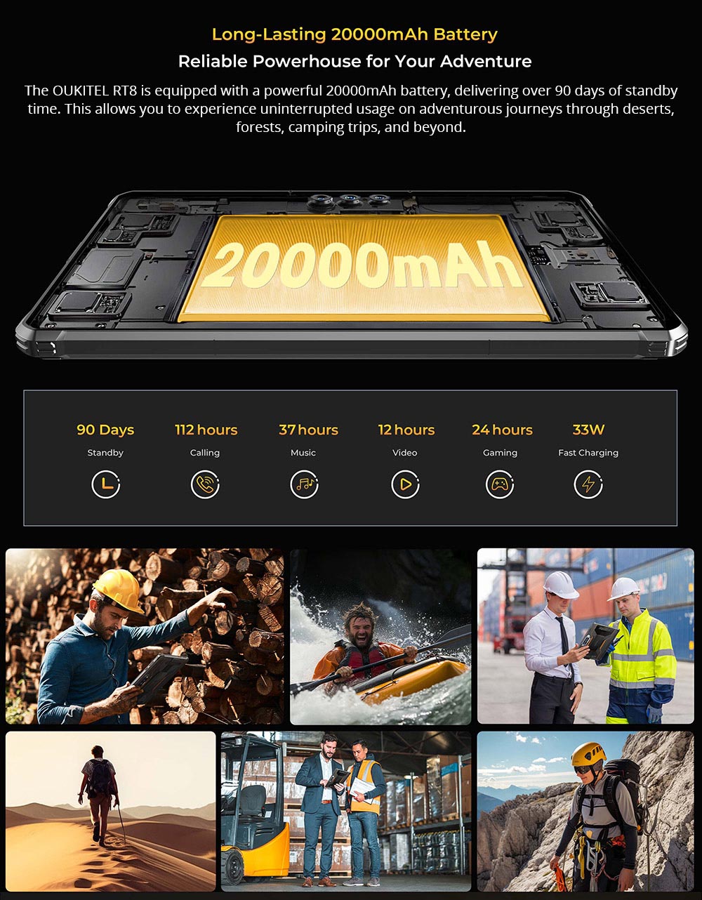 OUKITEL RT8 Rugged Tablet, 11-palcový displej 1200*1920, MediaTek Helio G99 4 Core Max 2,2 GHz, 6GB+6GB RAM 256GB ROM, Android 13, 48MP+32MP+20MP+5MP fotoaparát, 20000mAh 33W rýchle nabíjanie, Dual-band WiFi Bluetooth5.1, IP68 & IP69K & MIL-STD-810H - čierna