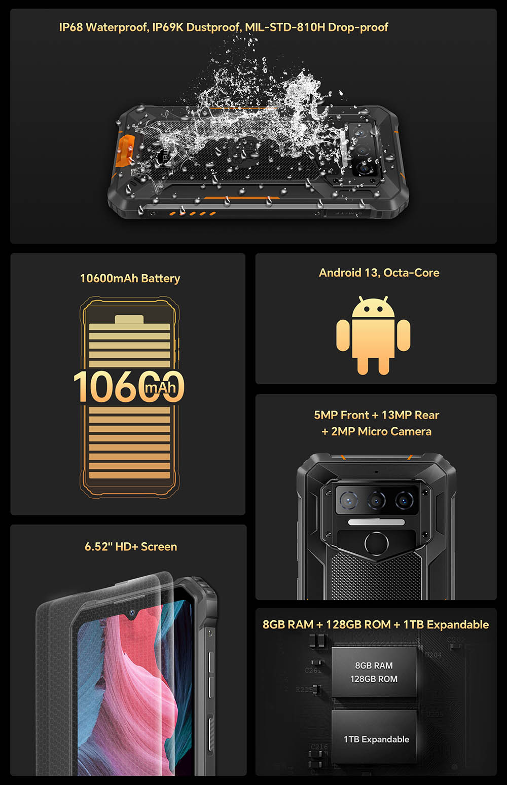 OUKITEL WP23 Pro Rugged Smartphone, 8GB RAM + 128GB ROM, 10600mAh Battery Capacity, 6.52