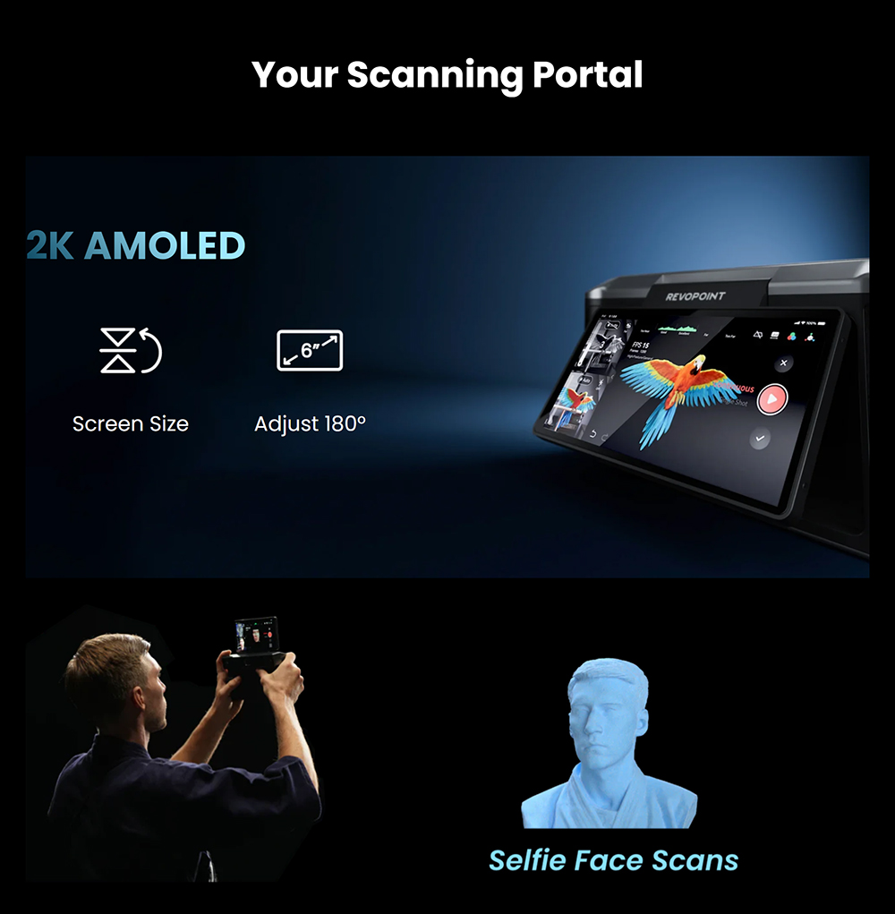 Revopoint MIRACO 3D Scanner with 16GB RAM, 0.02 mm vysoká presnosť, rýchlosť skenovania 15 snímok za sekundu, snímanie farieb 8K, 180° otočná obrazovka, 9-osová IMU, obraz 2K HD, režim jednorazového snímania &; kontinuálneho snímania, stojanový dizajn, pre malé až veľké objekty