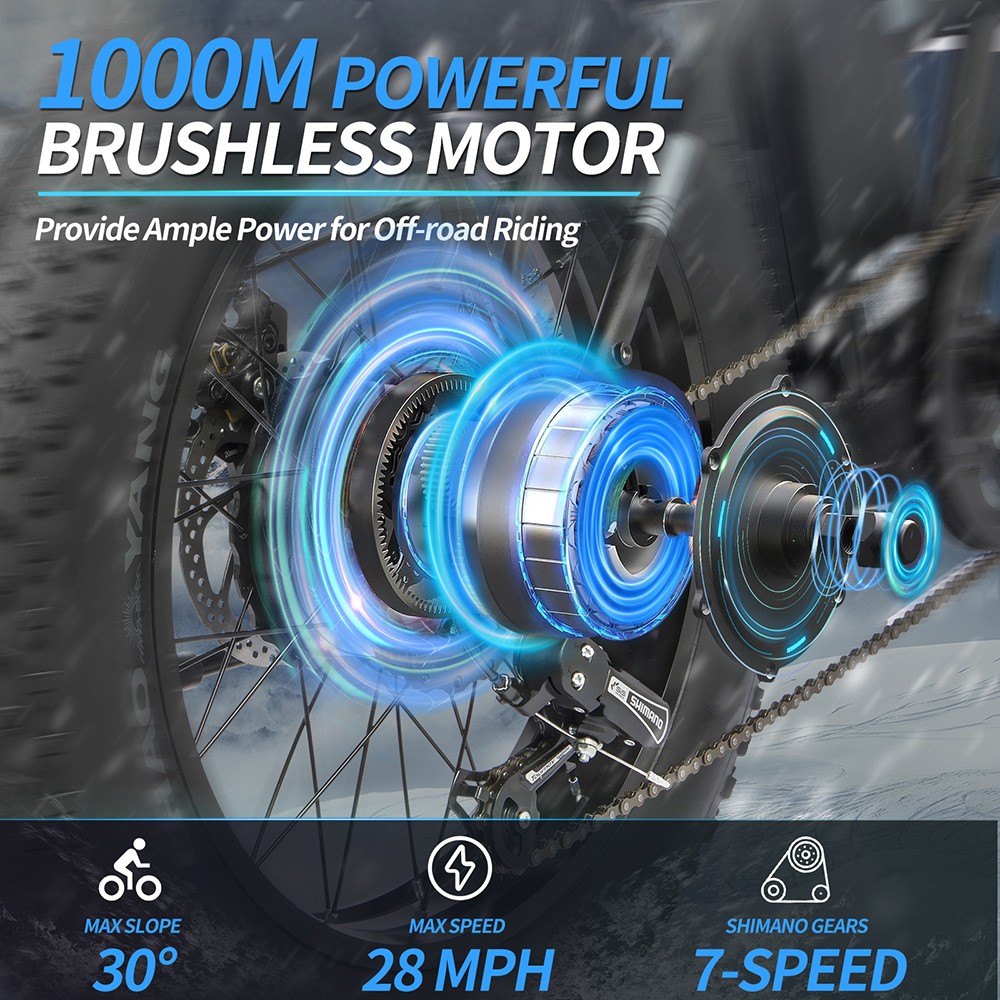 Ridstar G20 Electric Bike, 1000W Motor, 48V 15Ah Battery, 20*4.0inch Tires, 48km/h Max Speed, 80km Max Range, Disc Brakes, Shimano 7-Speed