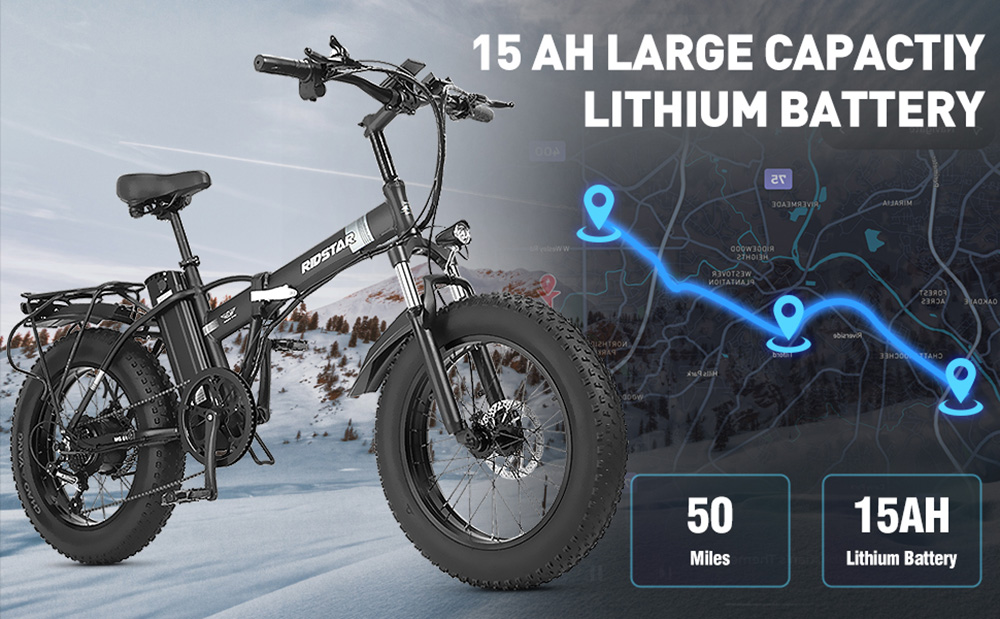 Ridstar G20 Electric Bike, 1000W Motor, 48V 15Ah Battery, 20*4.0inch Tires, 48km/h Max Speed, 80km Max Range, Disc Brakes, Shimano 7-Speed