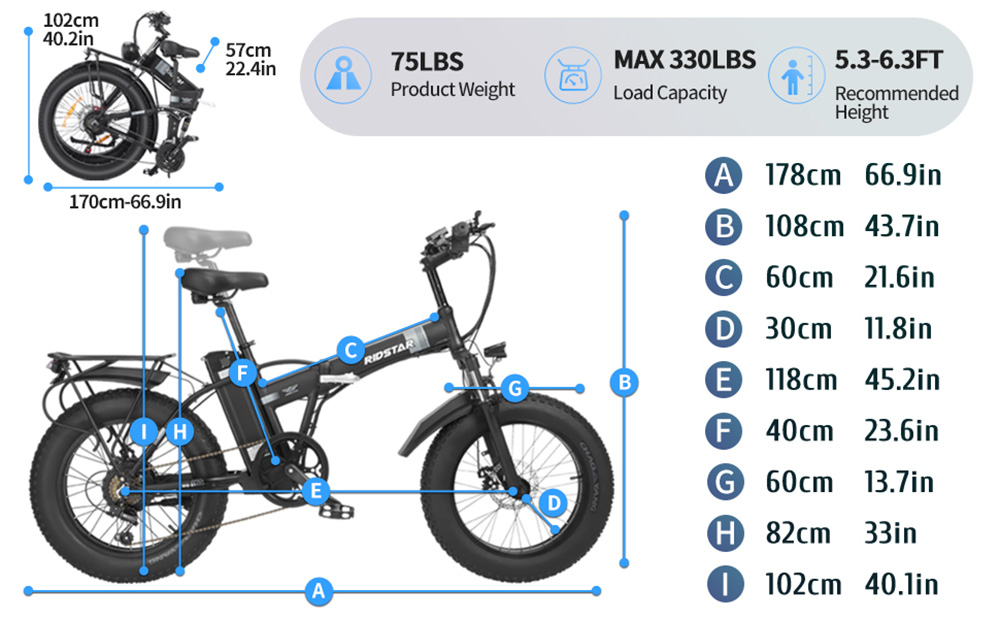 Ridstar G20 Electric Bike, 1000W Motor, 48V 15Ah Battery, 20*4.0inch Tires, 48km/h Max Speed, 80km Max Range, Disc Brakes, Shimano 7-Speed