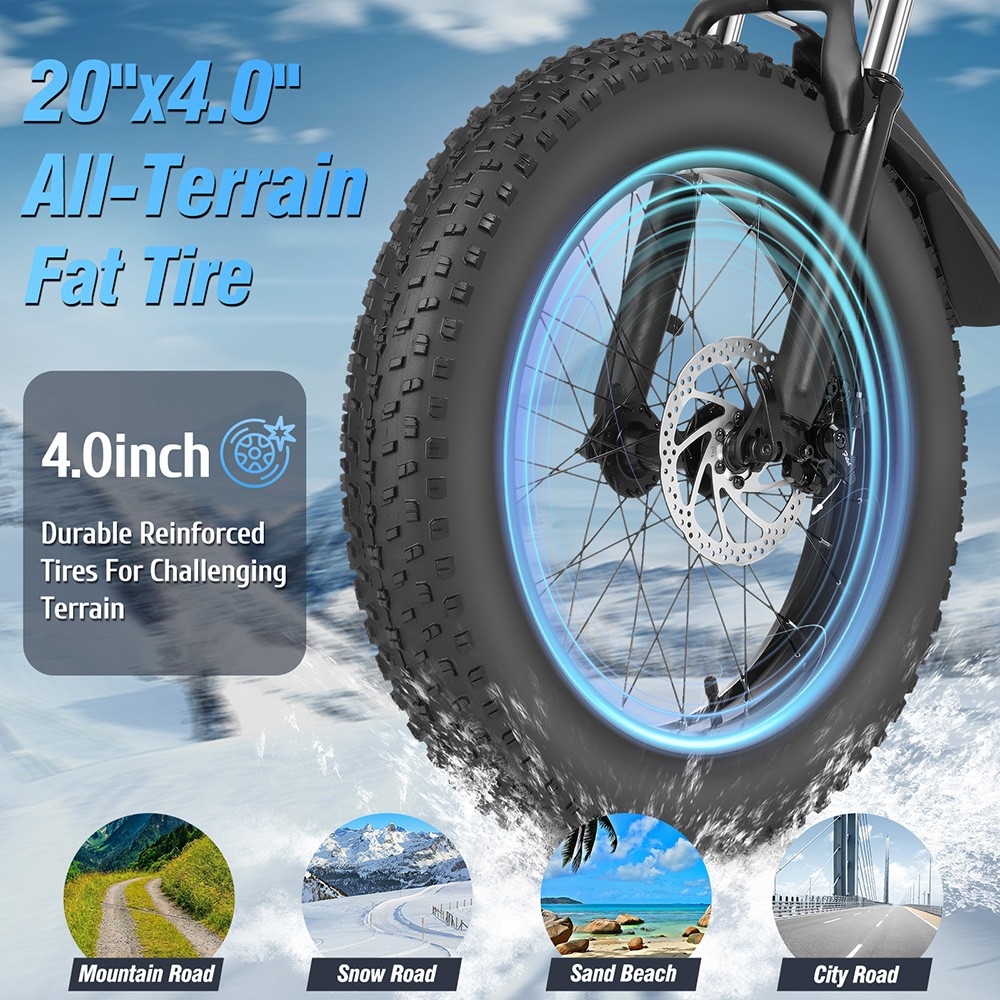 Ridstar G20 Electric Bike, 1000W Motor, 48V 15Ah Battery, 20*4.0inch Tires, 48km/h Max Speed, 80km Max Range, Disc Brakes, Shimano 7-Speed