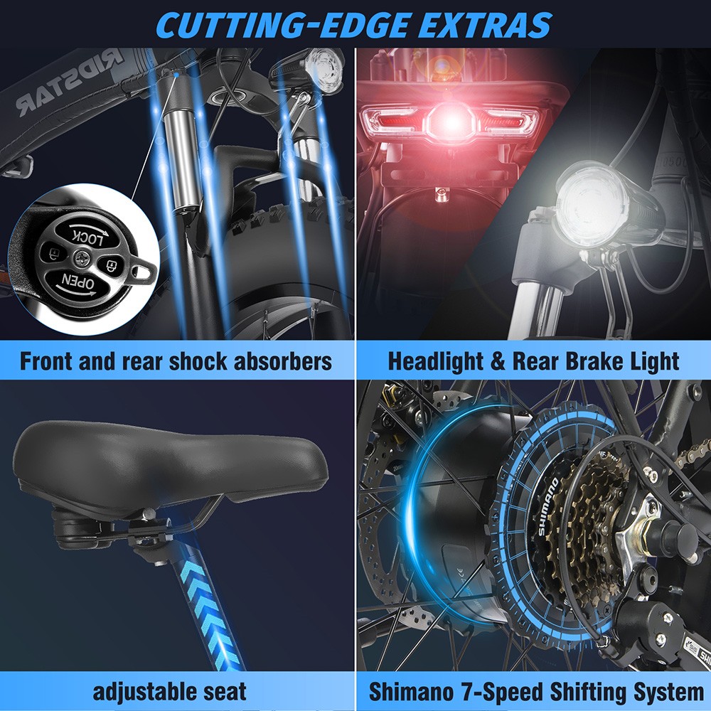 Ridstar G20 Electric Bike, 1000W Motor, 48V 15Ah Battery, 20*4.0inch Tires, 48km/h Max Speed, 80km Max Range, Disc Brakes, Shimano 7-Speed