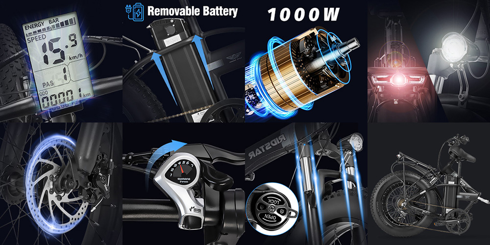 Ridstar G20 Electric Bike, 1000W Motor, 48V 15Ah Battery, 20*4.0inch Tires, 48km/h Max Speed, 80km Max Range, Disc Brakes, Shimano 7-Speed