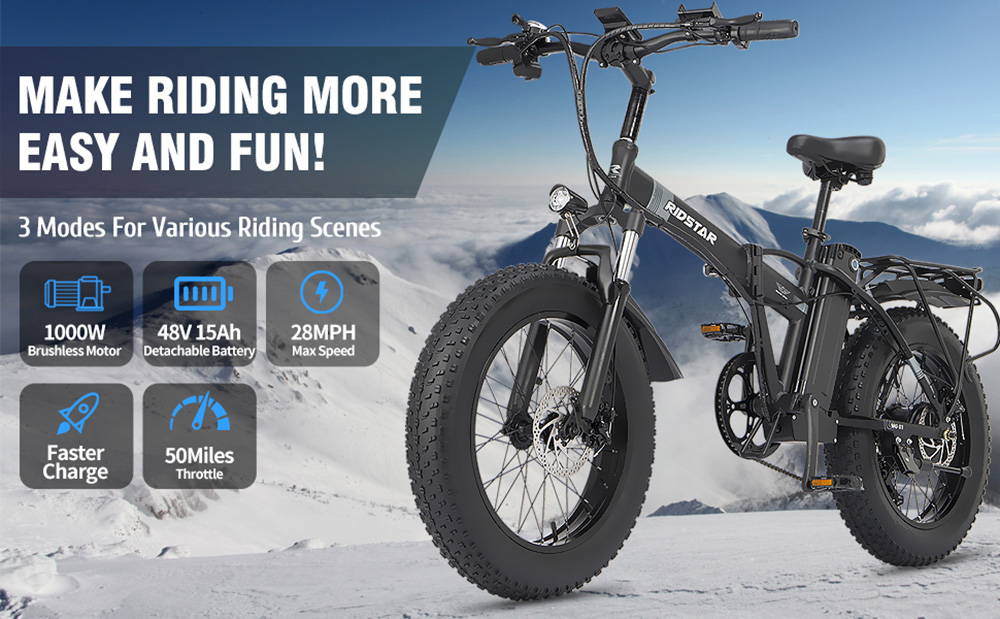 Ridstar G20 Electric Bike, 1000W Motor, 48V 15Ah Battery, 20*4.0inch Tires, 48km/h Max Speed, 80km Max Range, Disc Brakes, Shimano 7-Speed