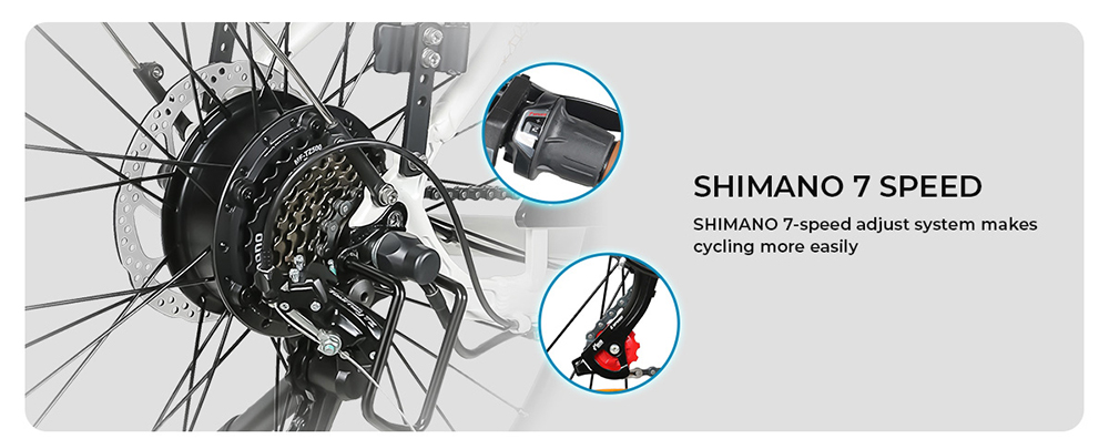 Elektrický bicykel SAMEBIKE RS-A07, 500W motor, 36V 13Ah batéria, 2.8*1.95-palcové pneumatiky, max. rýchlosť 35 km/h, max. dojazd 80 km, trojité odpruženie, mechanické kotúčové brzdy, 7-rýchlostný prevod Shimano - biely