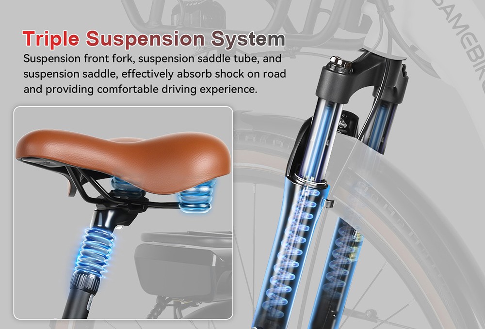 Elektrický bicykel SAMEBIKE RS-A07, 500W motor, 36V 13Ah batéria, 2,8*1.95-palcové pneumatiky, max. rýchlosť 35 km/h, max. dojazd 80 km, trojité odpruženie, mechanické kotúčové brzdy, 7-stupňová prevodovka Shimano - biela