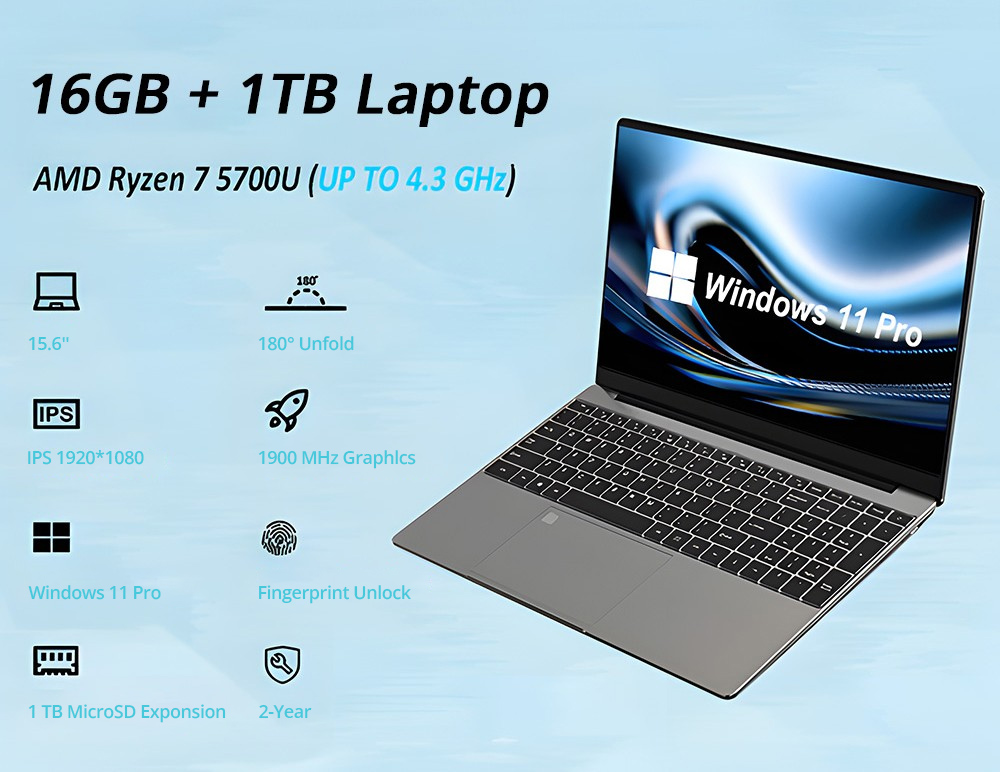 GXMO F152R7 Laptop, 15.6-inch 1920*1080 IPS FHD Screen, AMD Ryzen7 5700U 8 Cores Up to 4.3GHz, 16GB RAM 1TB SSD, Dual-band WiFi Bluetooth 4.2, 1*Micro SD Card Slot 2*USB 3.0 1*Full Function Type-C 1*Mini HDMI 1*Audio Jack, Fingerprint Unlock