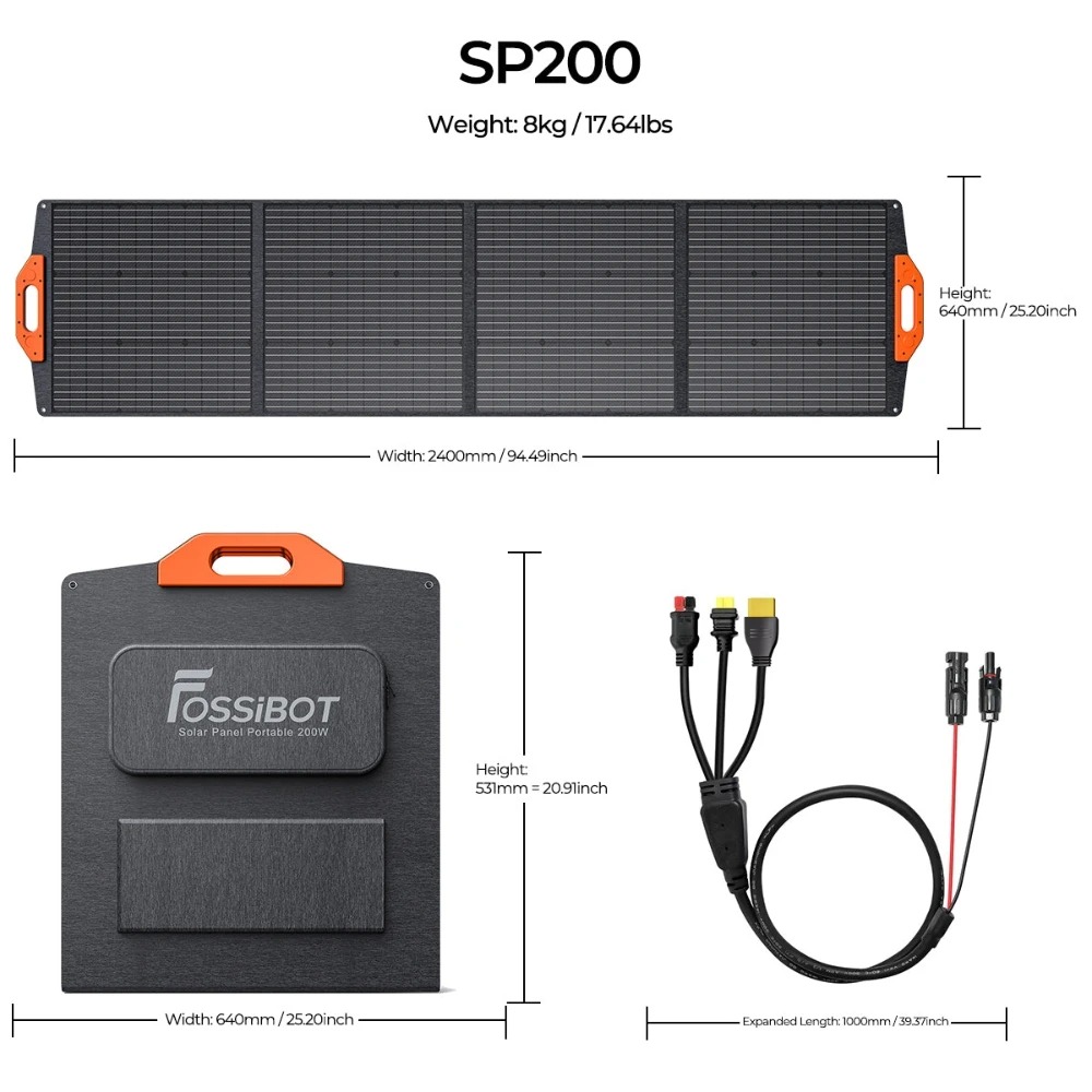 FOSSiBOT F1200 Portable Power Station + FOSSiBOT SP200 Foldable Solar Panel, 1024Wh Capacity, 1200W Rated Power, 3 LED Light Modes, 7 Output Ports, BMS Protection, <10ms Switchover, 5 Gears Input Regulator, EV-Grade LiFePO4 Battery, 4000+ Cycle Times