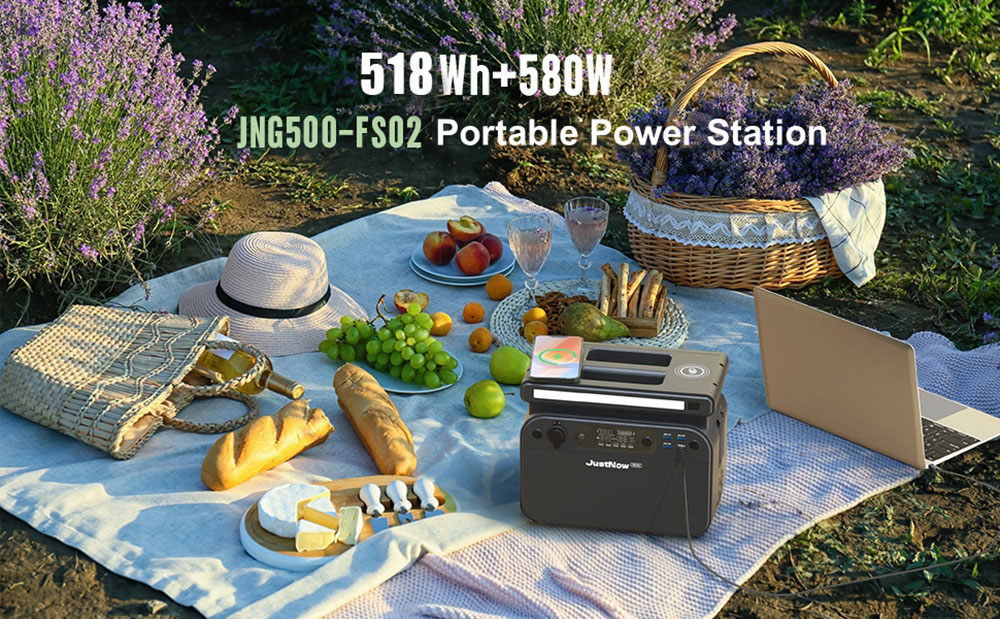 JustNow 580W Portable Power Station, 518Wh LiFePO4 Battery, with AC/Car Port/USB Output, LCD Display, Dual 15W Wireless Charging, 3500+ Circles, Gray