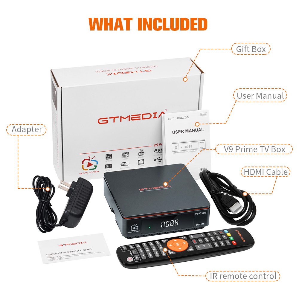 GTMEDIA V9 Prime Satellite Receiver, DVB-S/S2/S2X, HEVC 10Bit, Built-in 2.4G WiFi, Support CA Card, Biss Auto Roll - US Plug