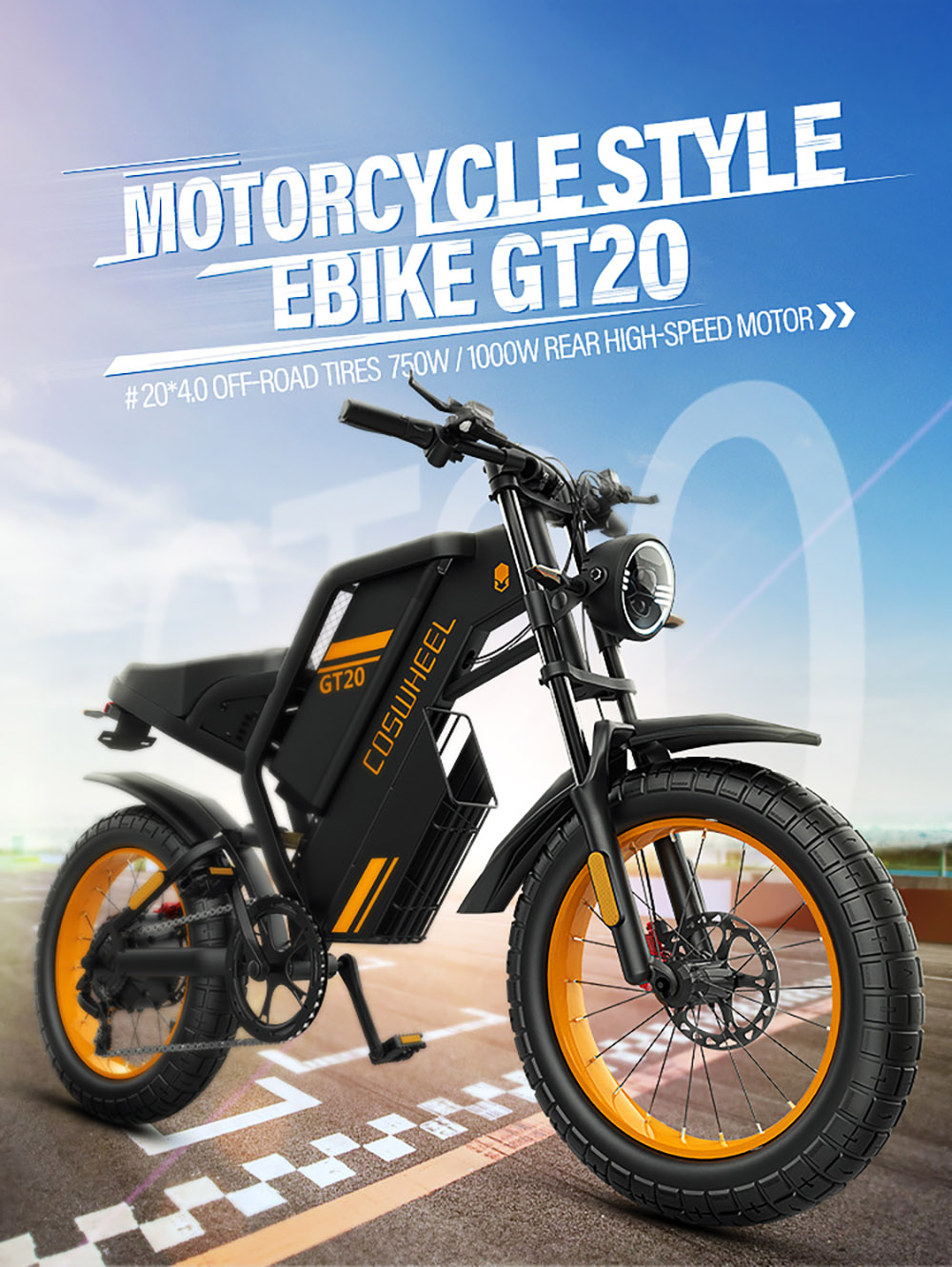 COSWHEEL GT20 Elektrisches Gel&auml;ndefahrrad, 20 x 4,0 Zoll Reifen, 750 W Motor, 45 km/h H&ouml;chstgeschwindigkeit, 25 Ah Akku f&uuml;r 140-160 km Reichweite