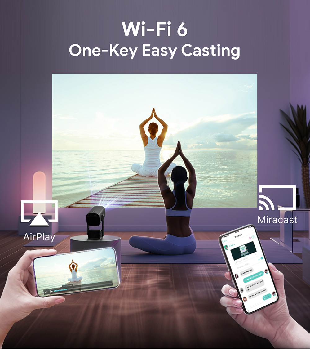 SkyEcho FreeONE Pro beépített akkumulátoros hordozható projektor, 5200mAh akkumulátor 2 óra lejátszási idővel, 350 ANSI lumen, natív 720P, 270°-os gimbal állvány, autofókusz, automatikus trapézkorrekció, Android operációs rendszer - fekete, EU csatlakozó