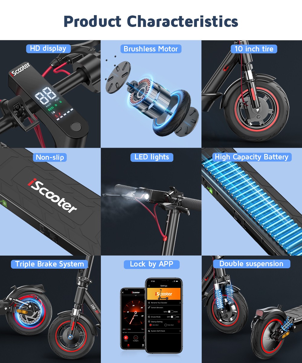 iScooter i10 Electric Scooter, 650W motor, 36V 15Ah, 10-palcová pneumatická pneumatika, max. rýchlosť 40 km/h, max. dojazd 45 km, ‎predné a zadné odpruženie, elektronická brzda &; kotúčová brzda